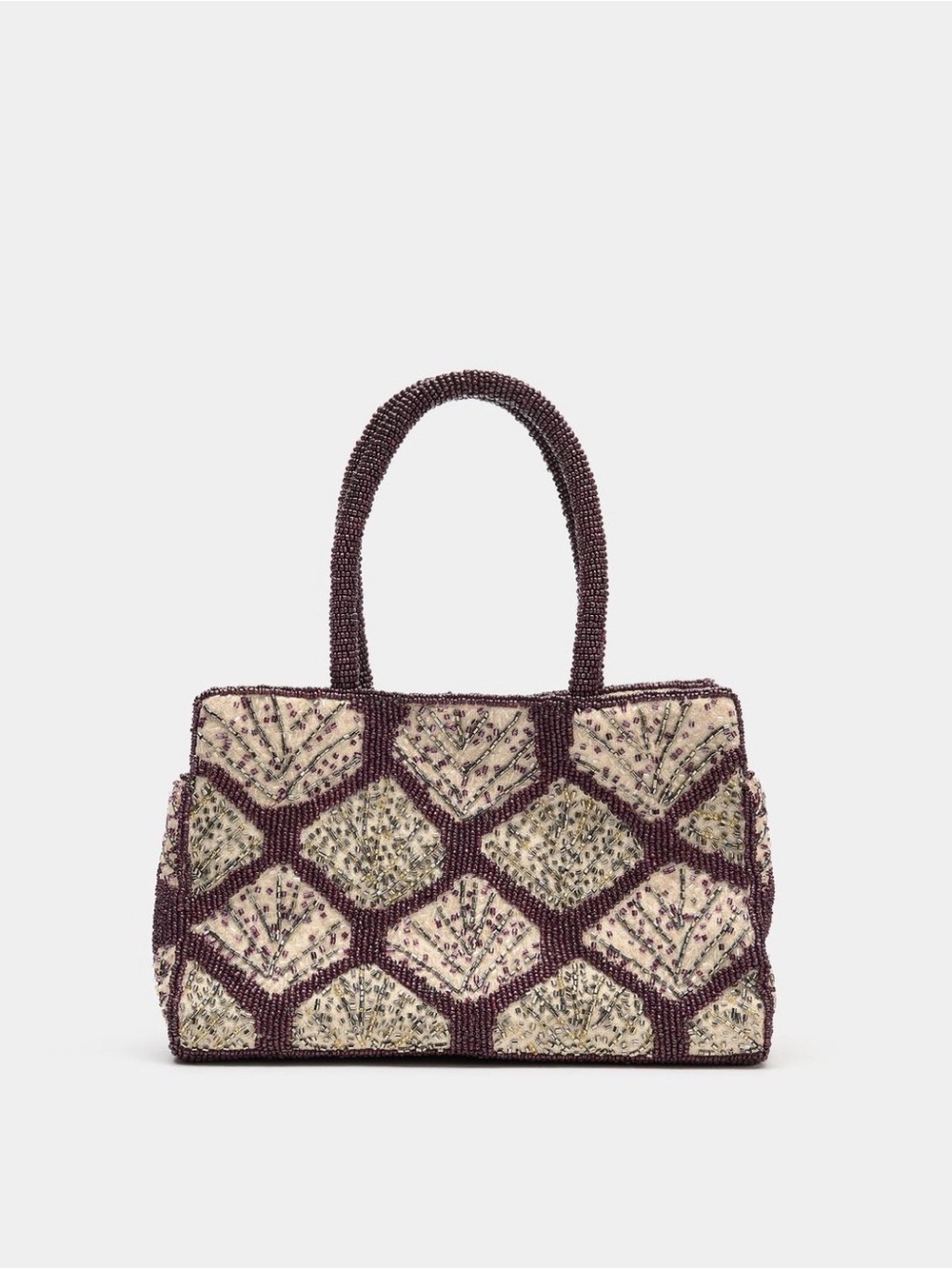 Zara Beaded Tote in Cream and Plum